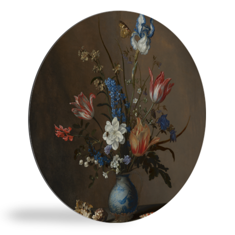 Bloemen in een Wan-Li vaas en schelpen - Schilderij van Balthasar van der Ast wandcirkel 