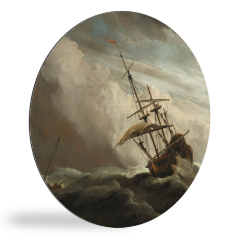 Een schip in volle zee bij vliegende storm - Schilderij van Willem van de Velde wandcirkel 