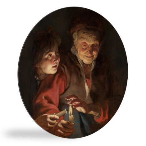 Oude vrouw en jongen met kaarsen - Schilderij van Peter Paul Rubens wandcirkel 