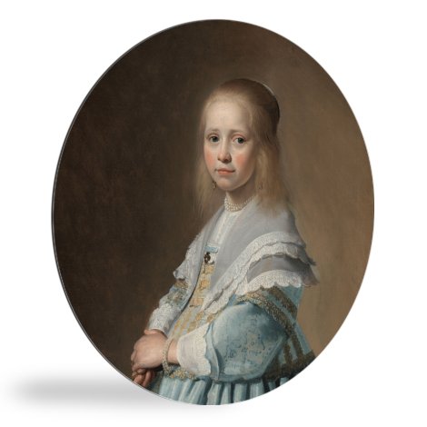 Portret van een meisje in het blauw - Schilderij van Johannes Cornelisz Verspronck wandcirkel 