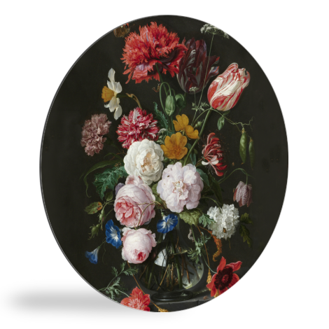 Stilleven met bloemen in een glazen vaas - Schilderij van Jan Davidsz de Heem wandcirkel 