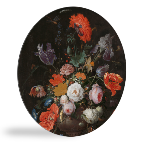Stilleven met bloemen en een horloge - Schilderij van Abraham Mignon wandcirkel 