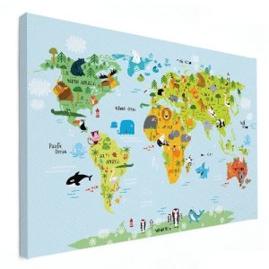 kinderwereldkaart op canvas als wanddecoratie