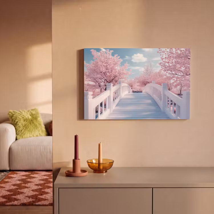 Canvas schilderij - Brug - Kersenbomen - Wit — 1