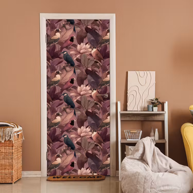Deursticker - Vogels - Bladeren - Roze — 2