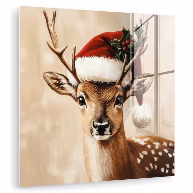 Glas schilderij - Kerst - Hert - Gewei - Rood — 1