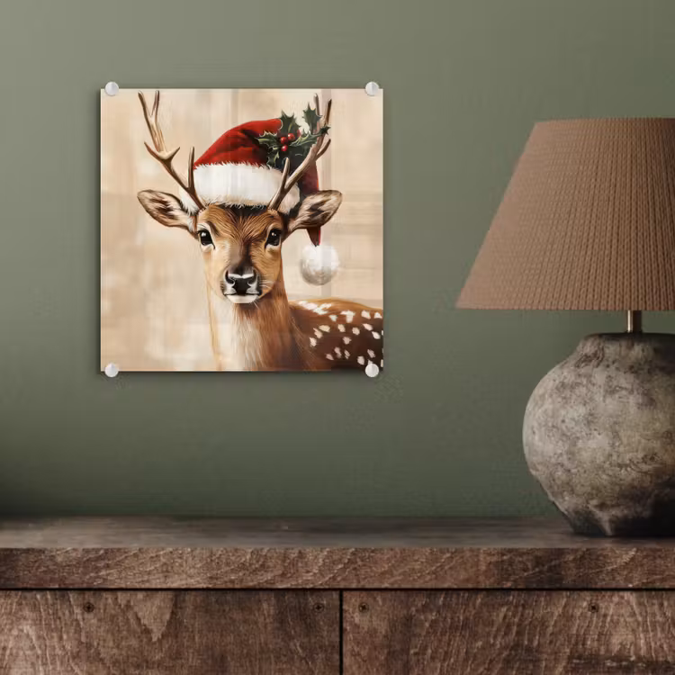 Glas schilderij - Kerst - Hert - Gewei - Rood — 4