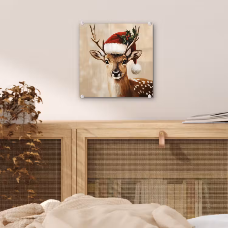 Glas schilderij - Kerst - Hert - Gewei - Rood — 5