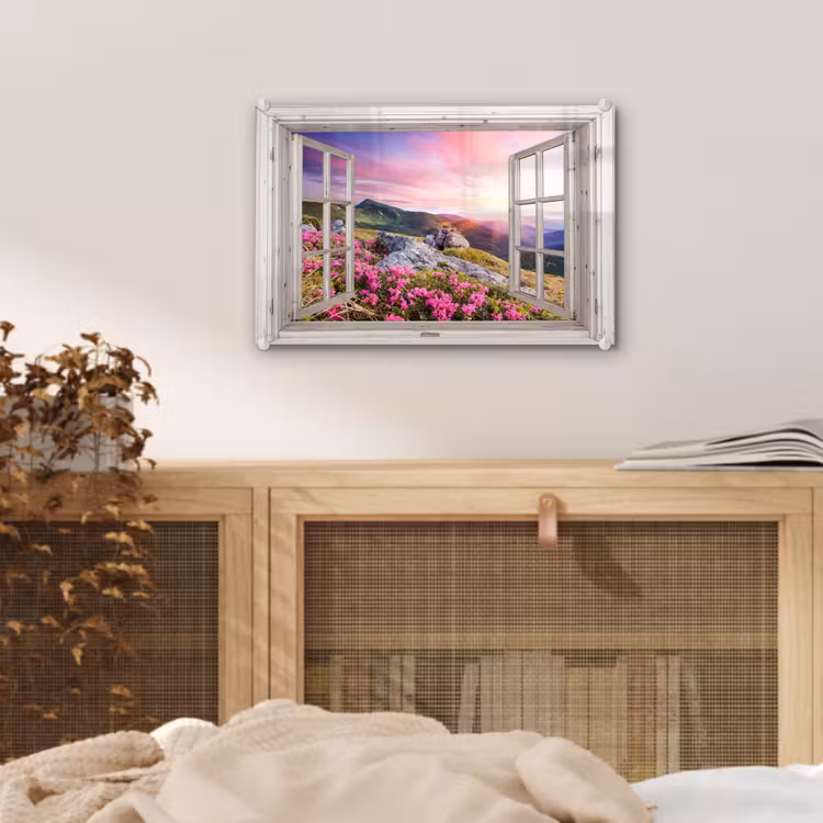 Glas schilderij - Bergen - Landschap - Doorkijk - Bloemen - Avond - Roze — 5
