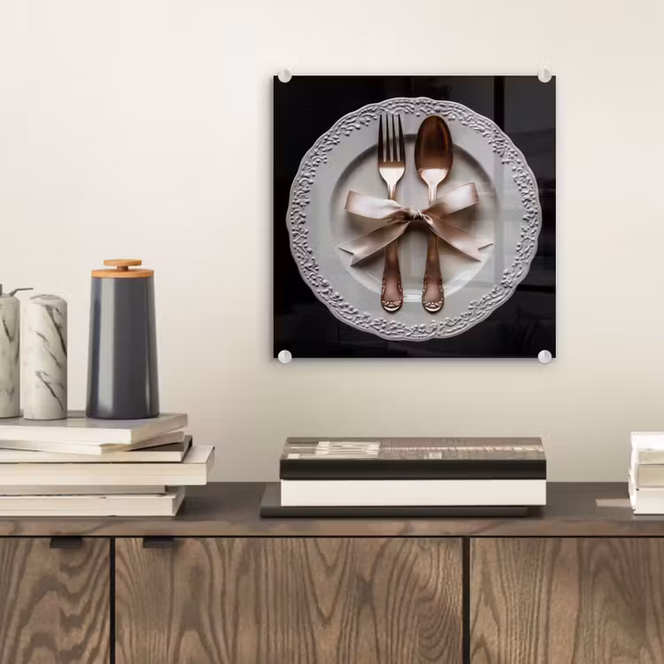 Glas schilderij - Rose - Strik - Bestek — 2