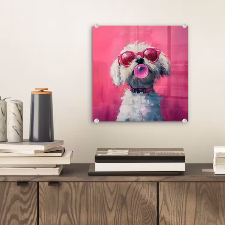 Glas schilderij - Pink - Hond - Bubbel — 2