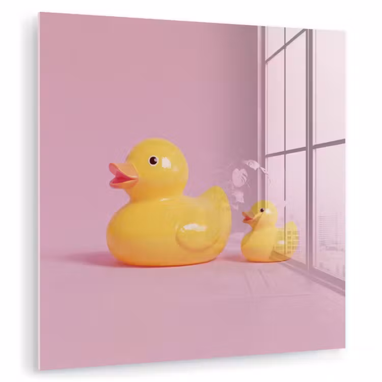 Glas schilderij - Eendjes - Vrolijk - Roze — 1