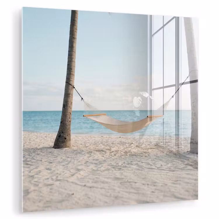 Glas schilderij - Hangmat - Strand - Wit — 1