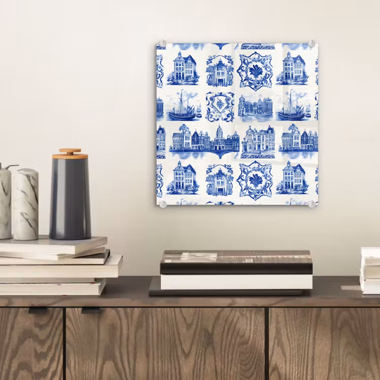 Glas schilderij - Huizen - Schepen - Blauw — 2