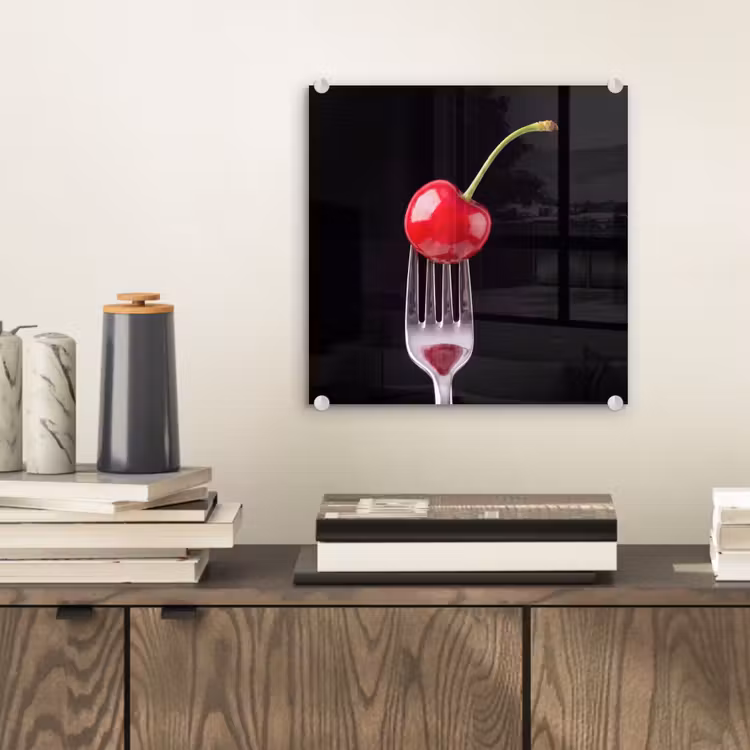 Glas schilderij - Rode kers - Vork — 2