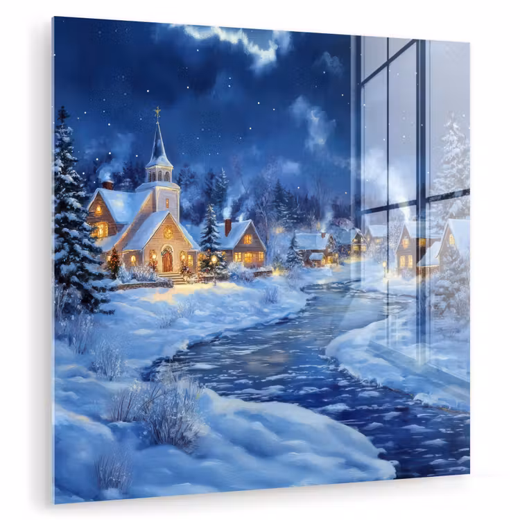 Glas schilderij - Winteravond - Kerstdorp - Donker — 1