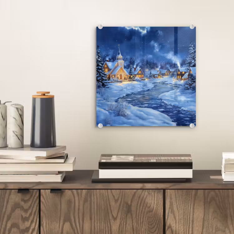 Glas schilderij - Winteravond - Kerstdorp - Donker — 2