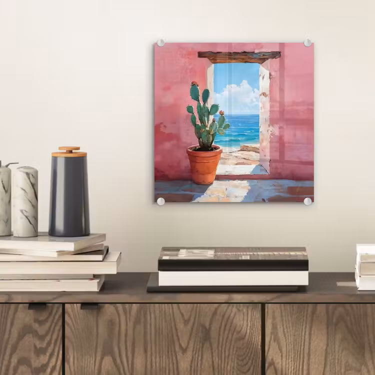Glas schilderij - Zee - Roze - Cactus — 2