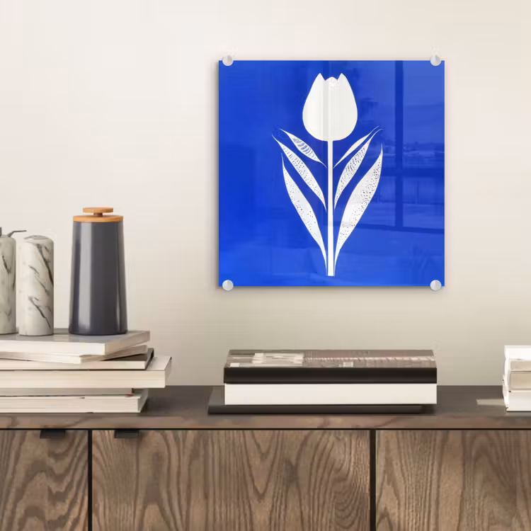 Glas schilderij - Tulp - Minimalistisch - Bladeren - Wit — 2