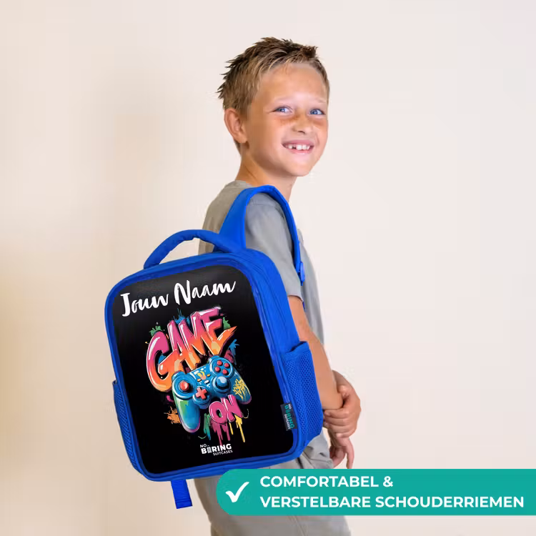 Kinderrugzak met naam - Blauw - Controller - Game - Graffiti - Tekst β 4