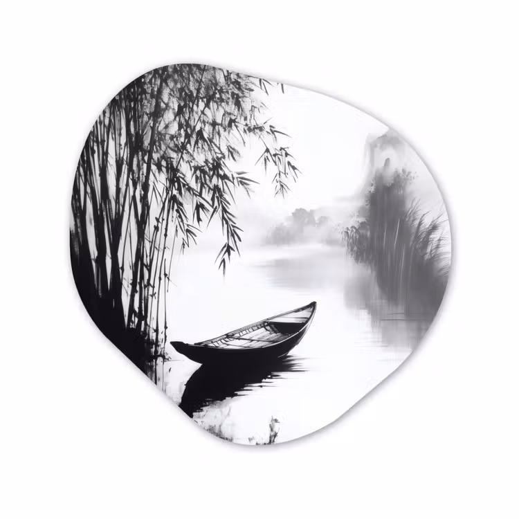 Organisch schilderij - Glas - Boot - Rivier - Bamboe - Wit — 1
